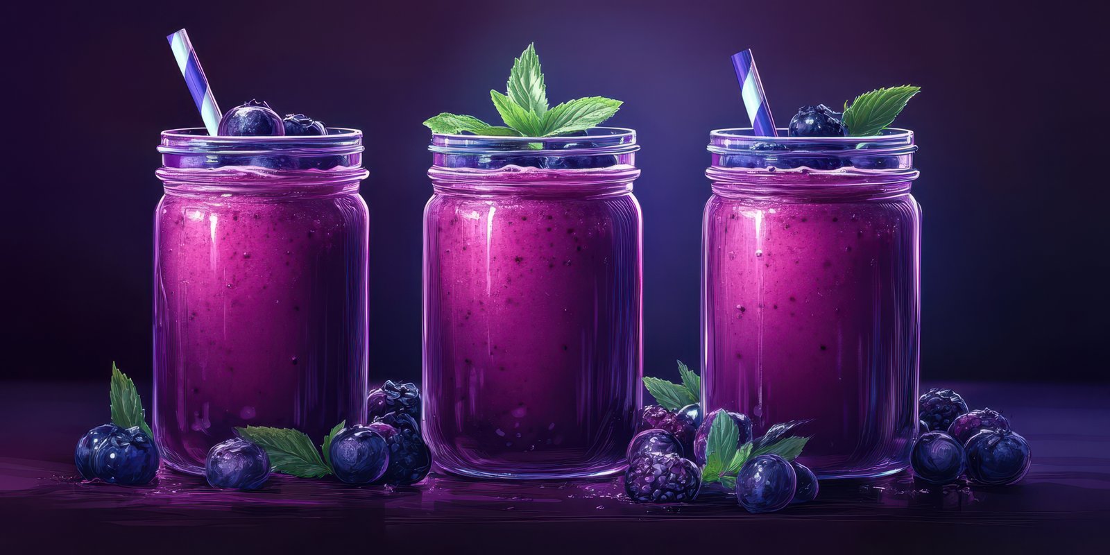 Refreshing berry smoothies in stylish jars with mint leaves and blueberries against a vibrant background